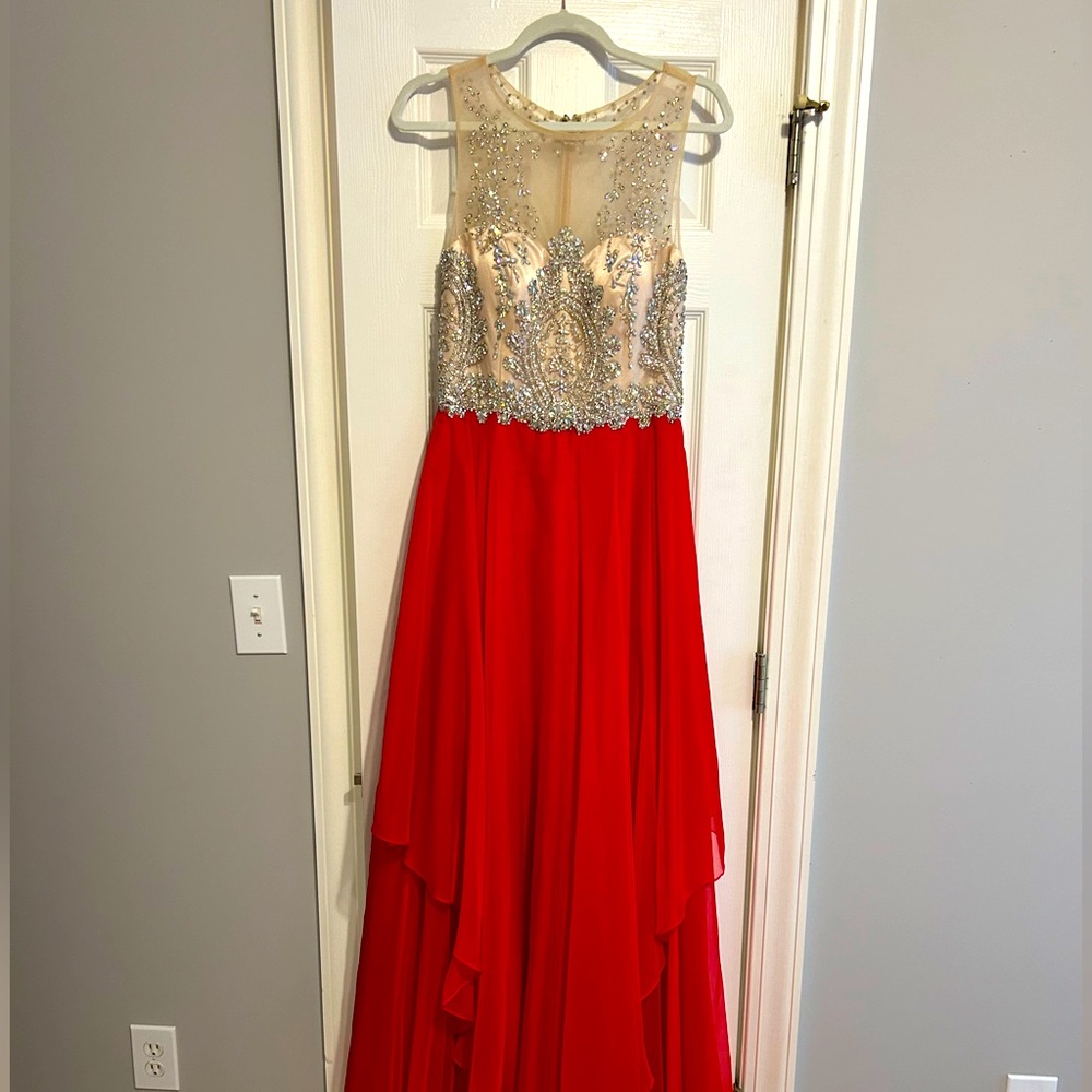 Alyce Paris Red Evening Dress with neutral Bodice and Silver Embellishments